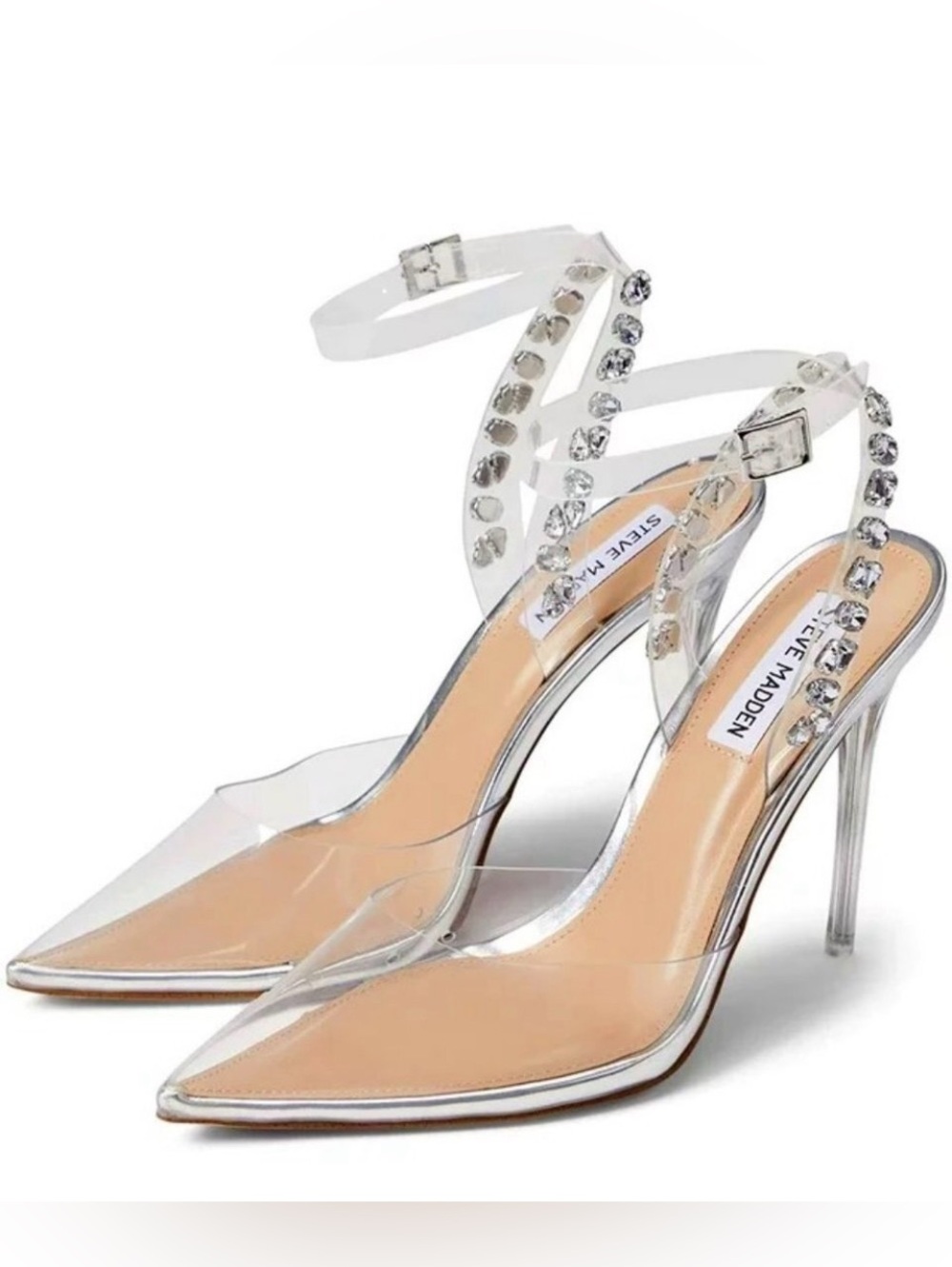 STEVE MADDEN Vary Clear & Silver Rhinestone Ankle Strap Stiletto Pumps 7.5